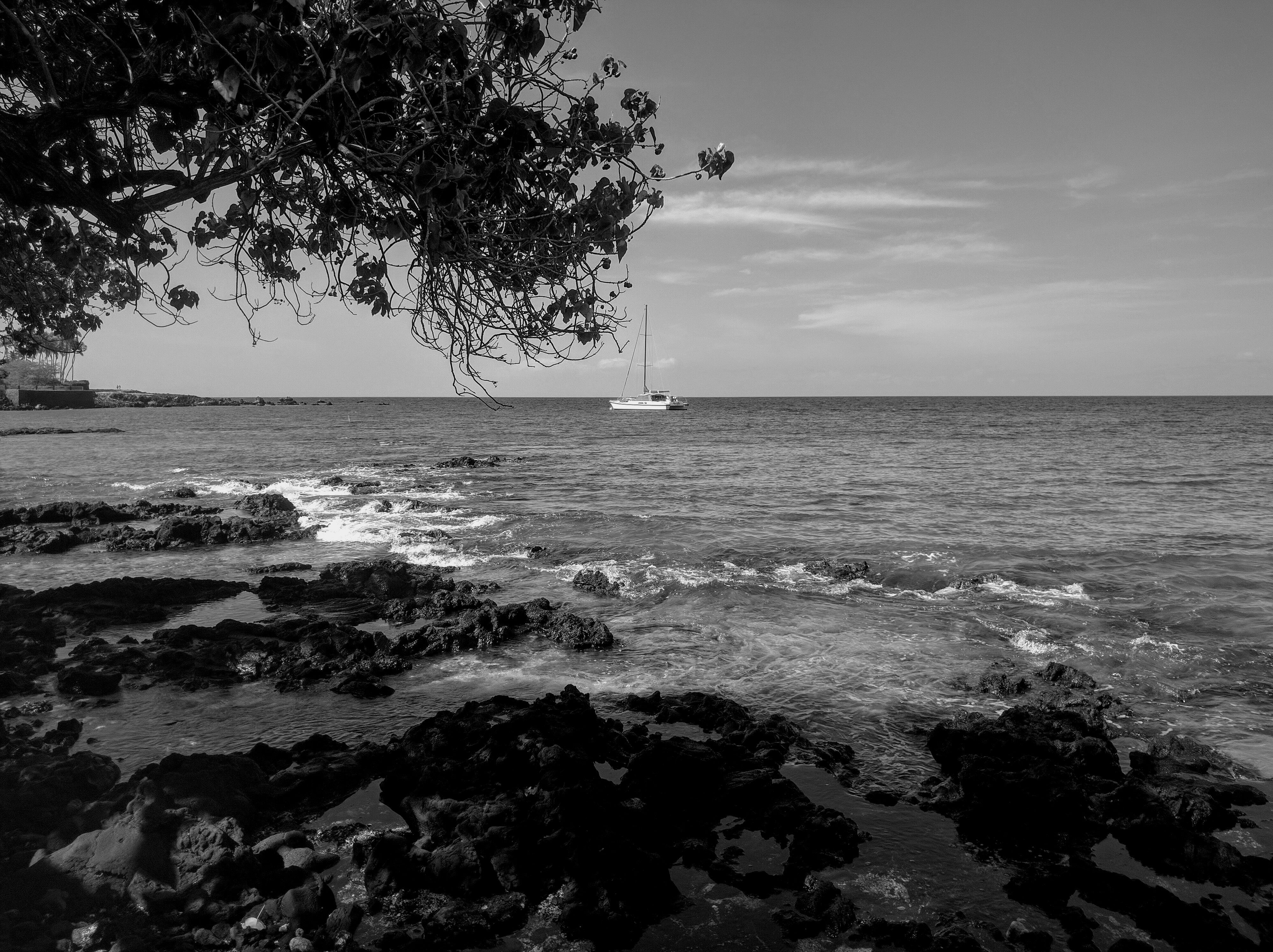 Boat not too far off the coast in black and white.