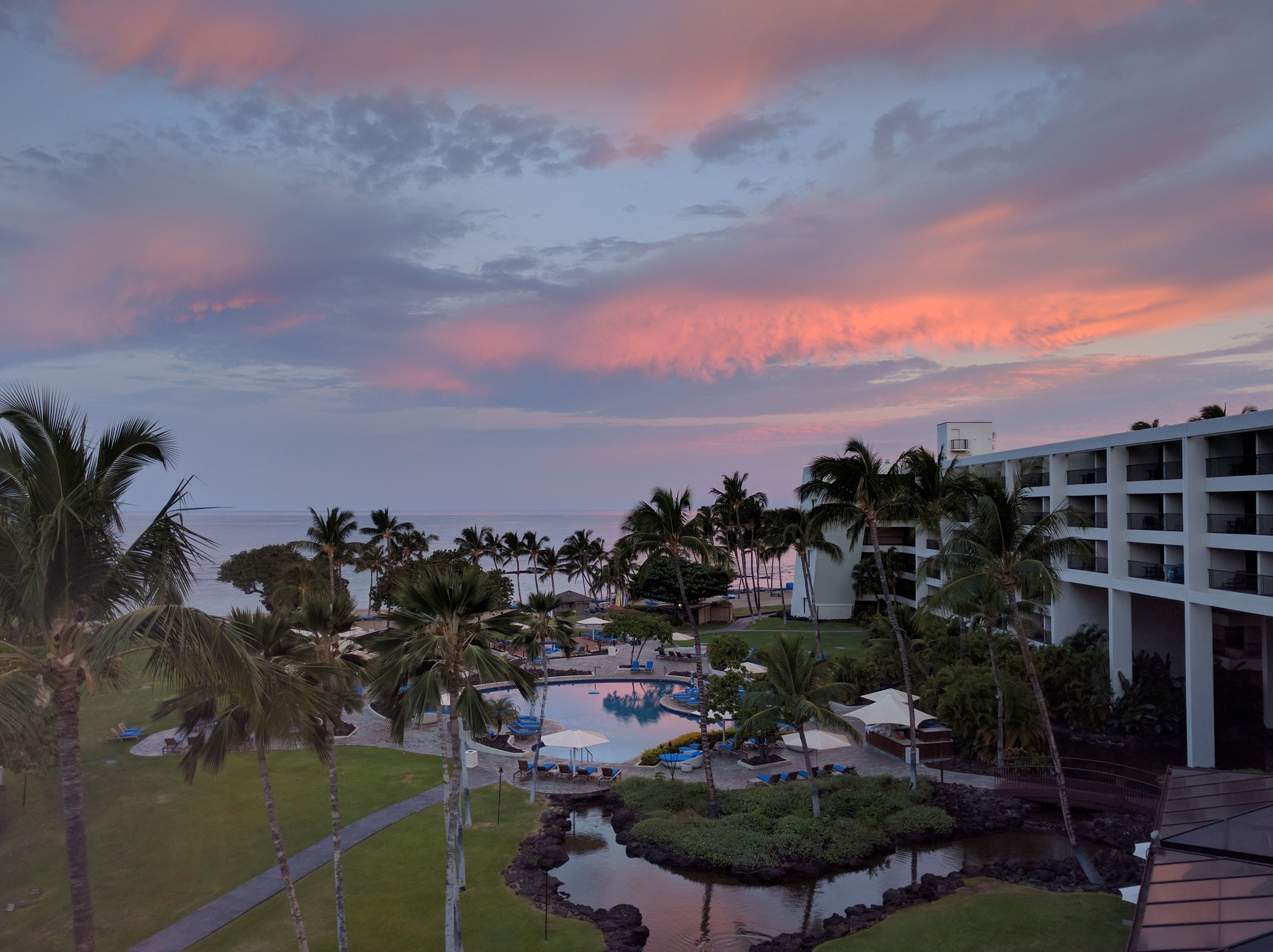 Sunrise over hotel grounds with lots of palm trees.