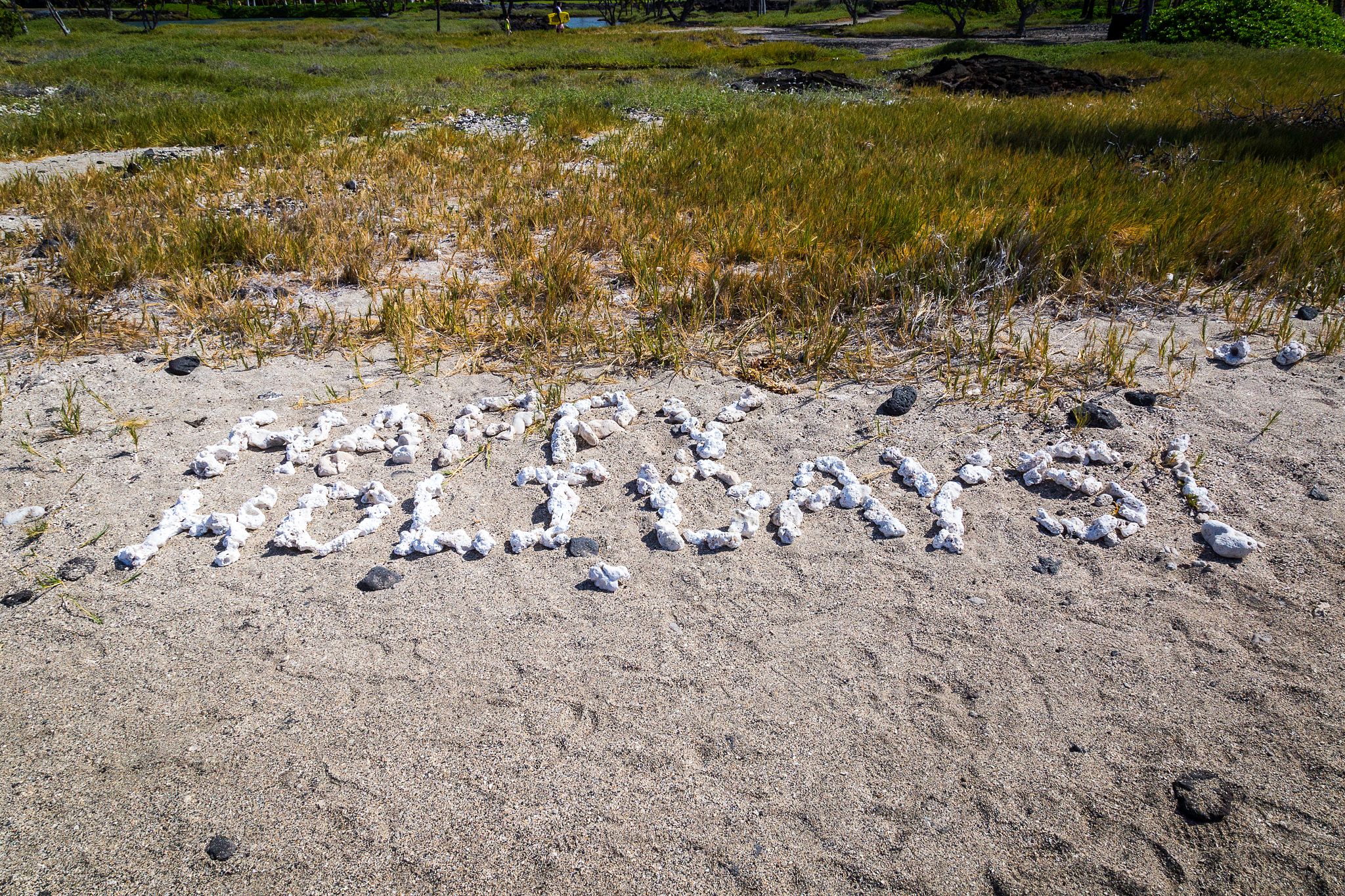 Happy holidays written with stones on the beach.