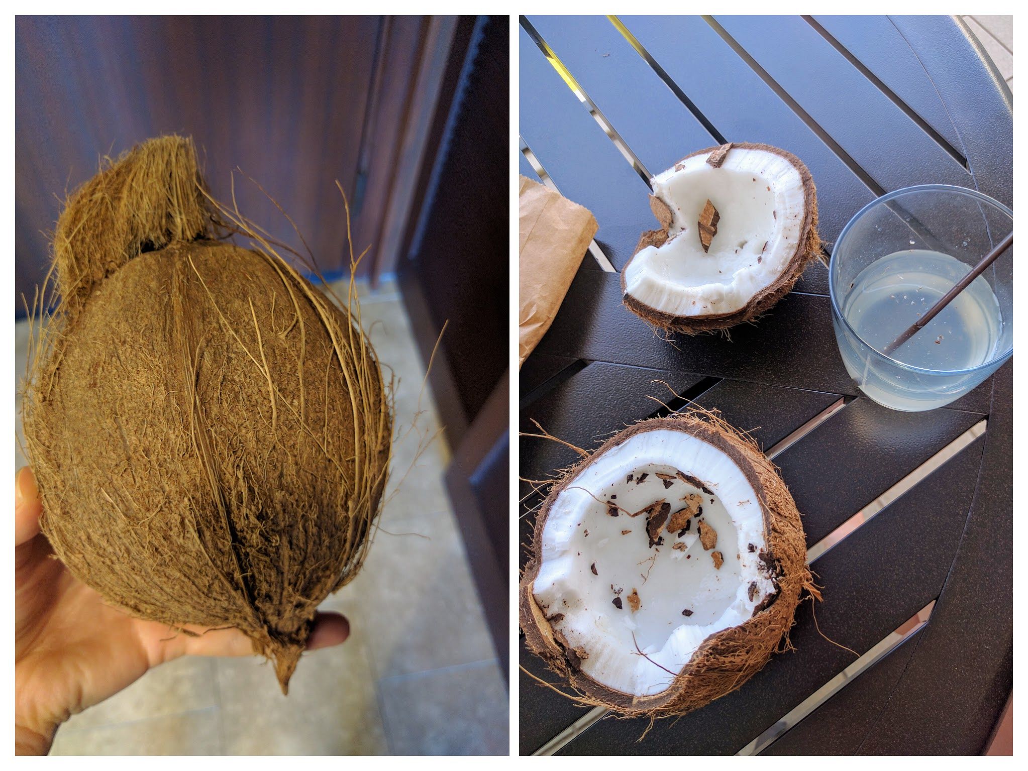 A collage of a whole coconut and an opened coconut.